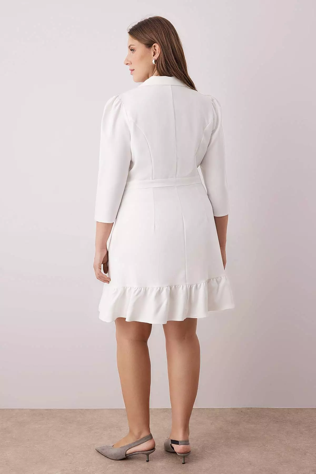 Ecru Plus Size Unlined Three Quarter Sleeve Mini Woven Jacket Dress