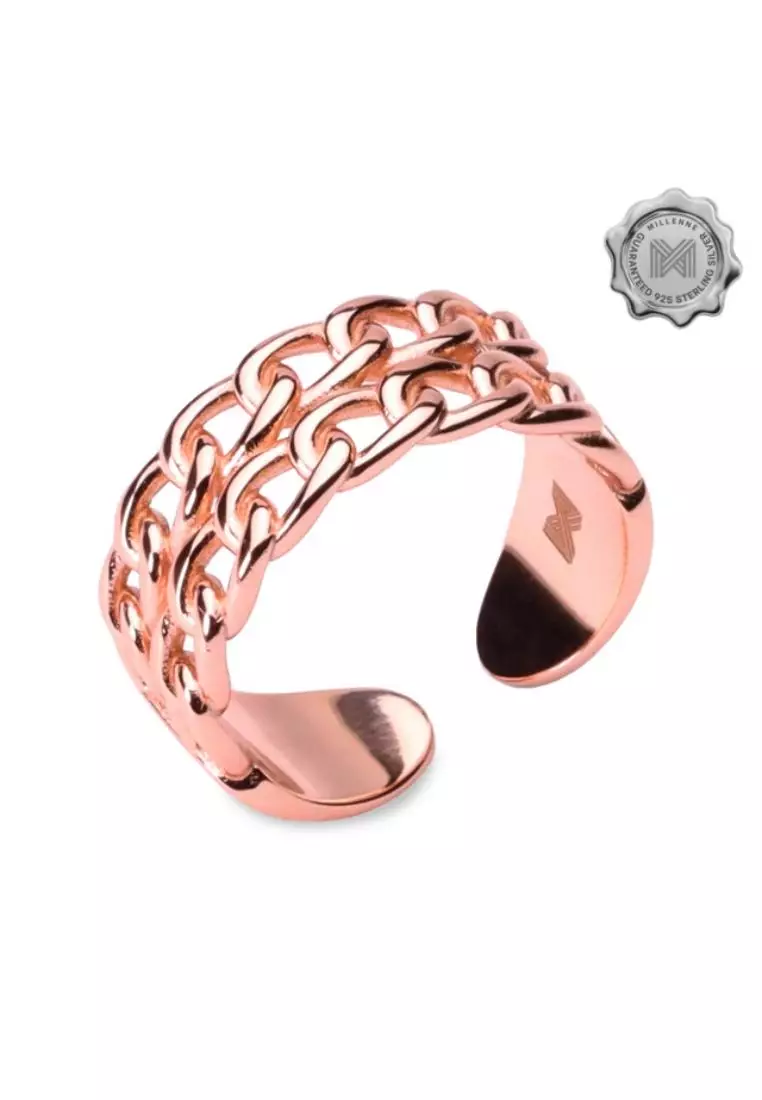 Millennia 2000 Double Chain Link Rose Gold Ring with 925 Sterling Silver