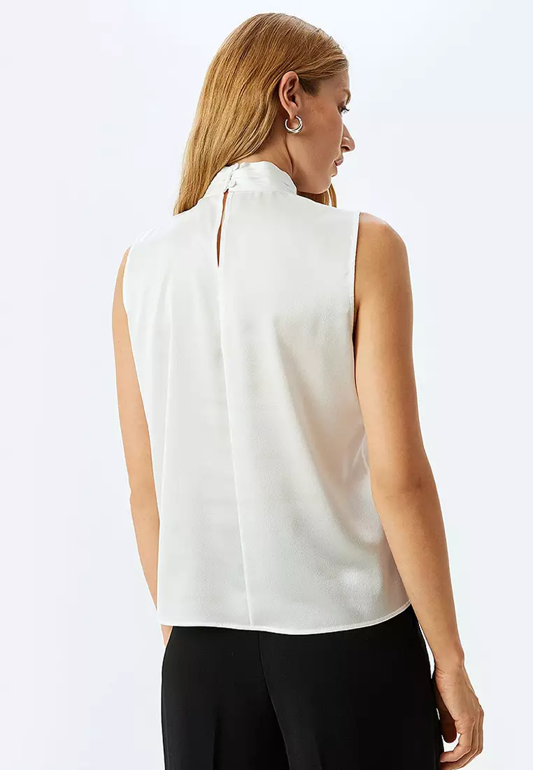 Tied Shawl Collar Sleeveless Satin Blouse