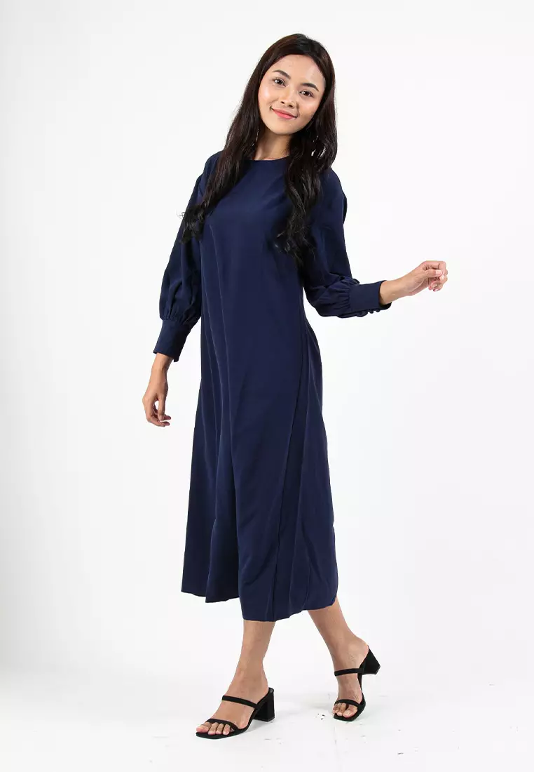 Forest x Hatta Dolmat Ladies Woven Plain Textured Cuffed Long Sleeve Midi Dress - 885069-33Navy
