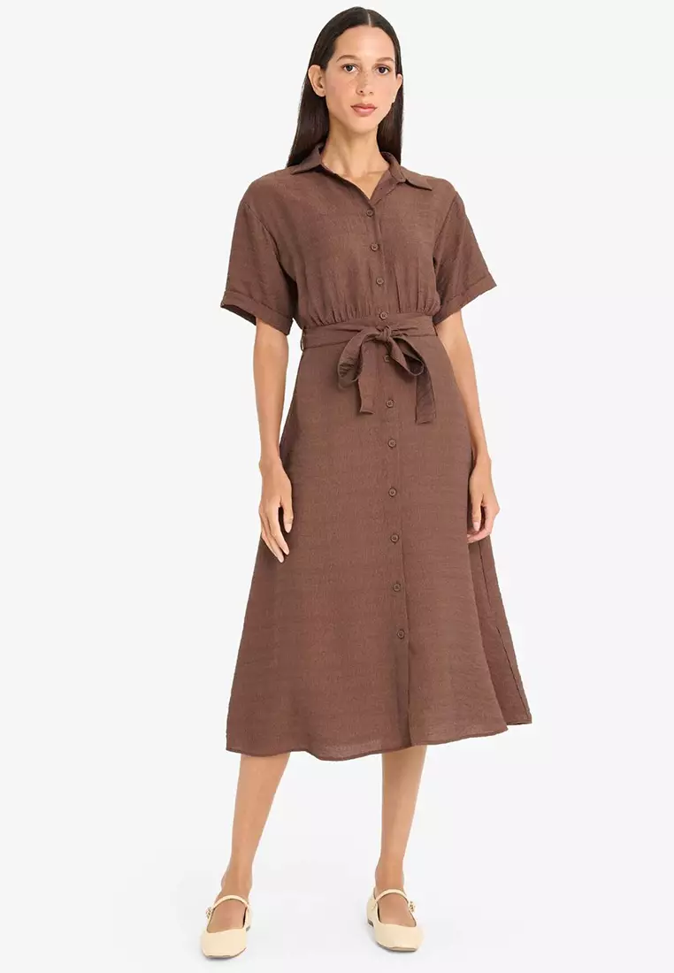 Shirt Collar Belted Short Sleeve Red Midi Summer Dress F2113Ax25Sm