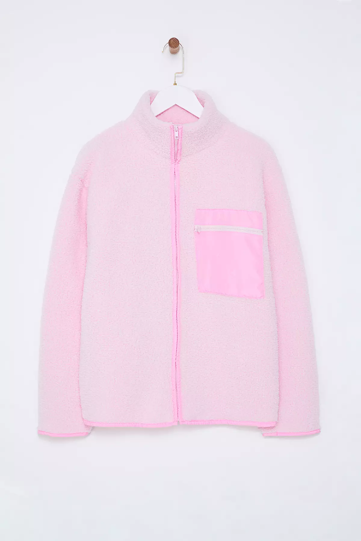 Winter Essentials Light Pink Thick Fleece Zipper Stand Collar Pocket Knitted Sweatshirt Twoaw24Sw00071