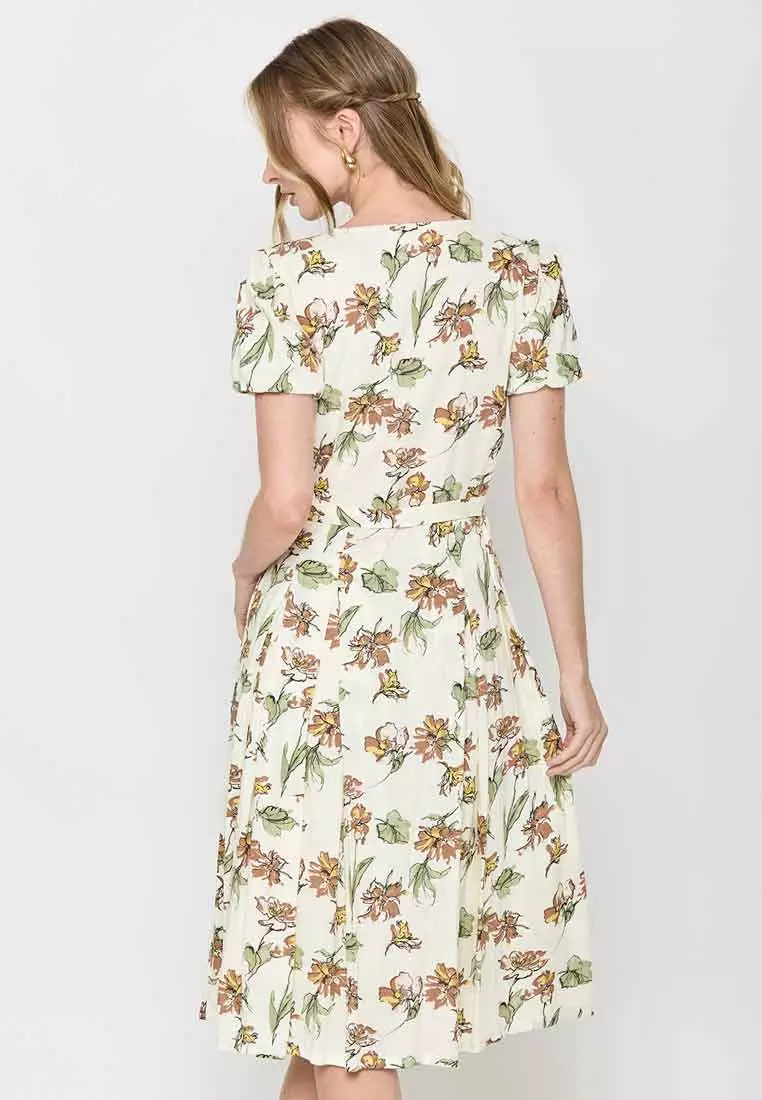 Lira Floral Print Pleated Short-Sleeve Dress