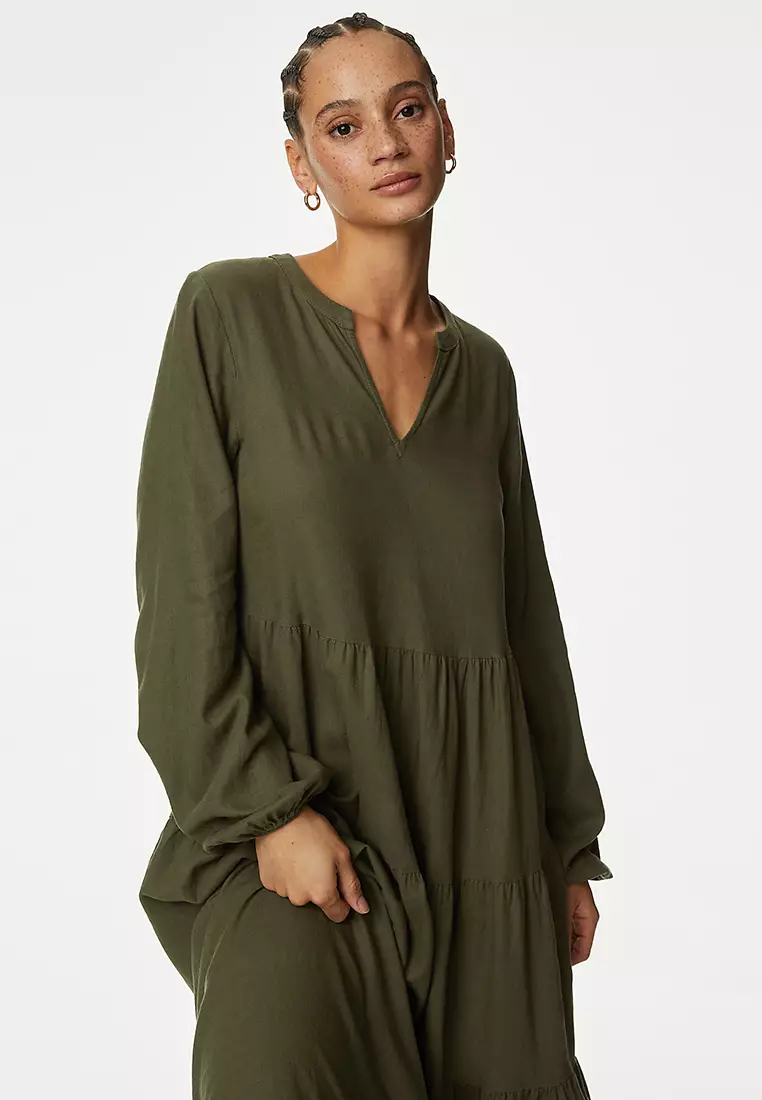 Linen Rich V-Neck Midaxi Tiered Dress