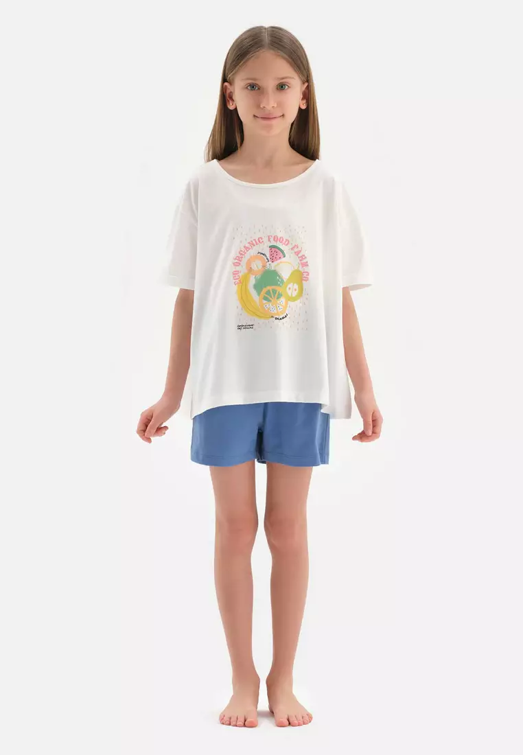 Buy DAGİ White T-Shirt & Shorts Set, Fruit Printed, Crew Neck, Oversize,  Short Leg, Short Sleeve Sleepwear for Girls Online