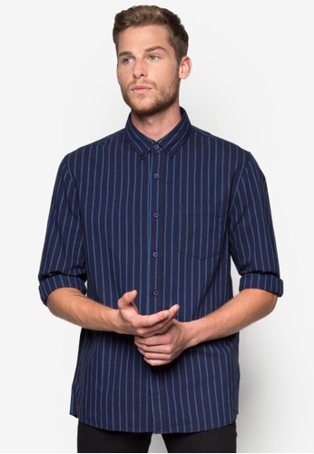 Nesprit hkavy/ Blue Stripe Long Sleeve Casual Shirt, 服飾, 印花襯衫