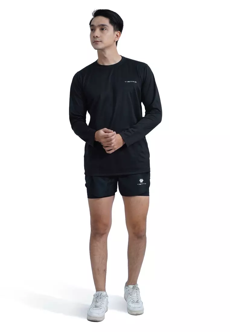 Tiento Kaos Running Dry Fit Lengan Panjang Baju Olahraga Pria Lari Gym Fitness Black