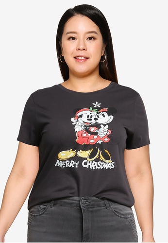 Only CARMAKOMA grey Plus Size Minnie And Mickey Christmas Tee 45DE8AAFDC73A0GS_1