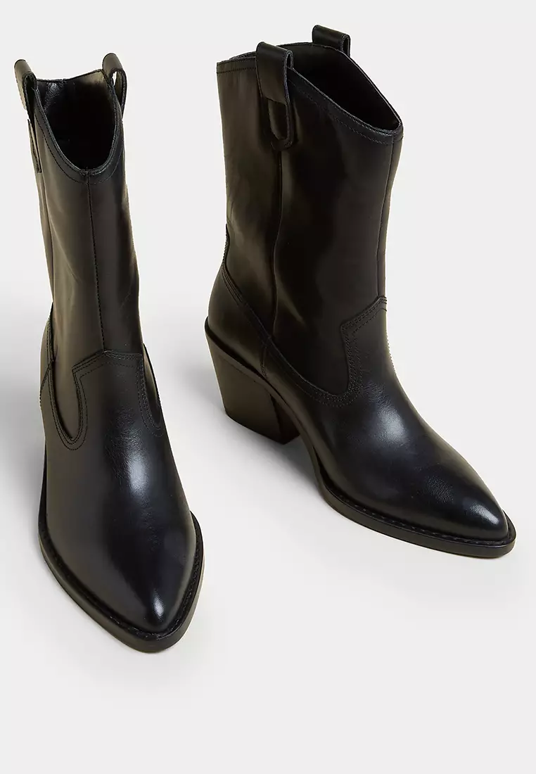 Leather Cow Boy Block Heel Ankle Boots
