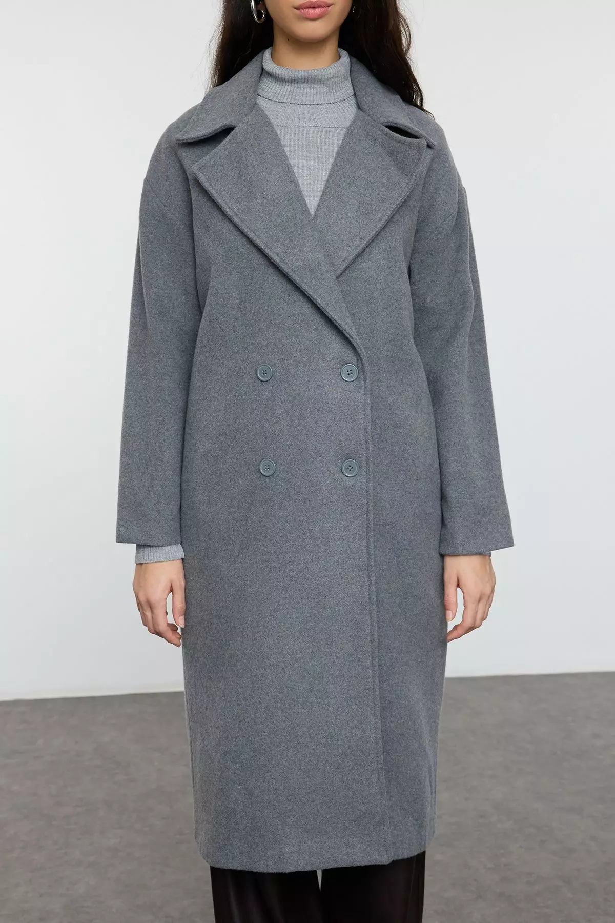 Gray Oversize Wide Cut Long Wool Cashmere Coat TWOAW21KB0038