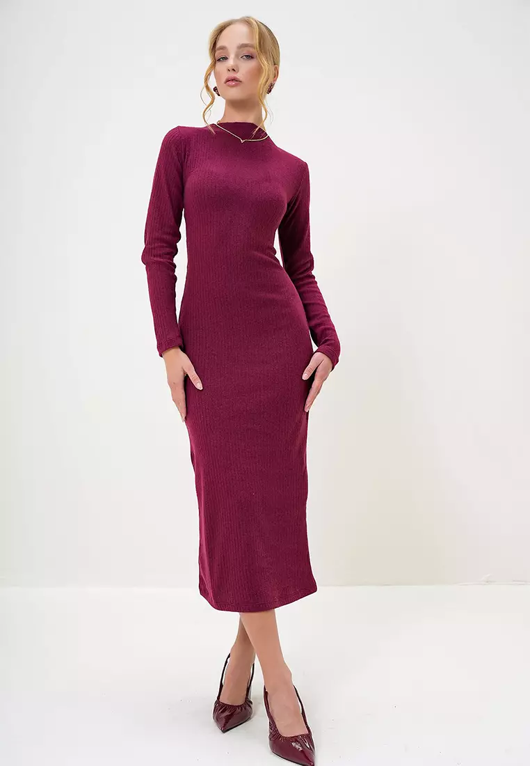 Crew Neck Long Sleeve Interlock Fabric Midi Length Dress