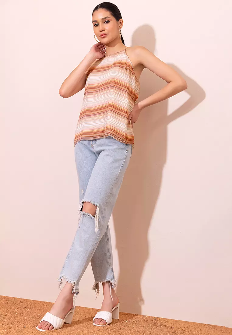 Brown Multicolour Striped Pleated Top
