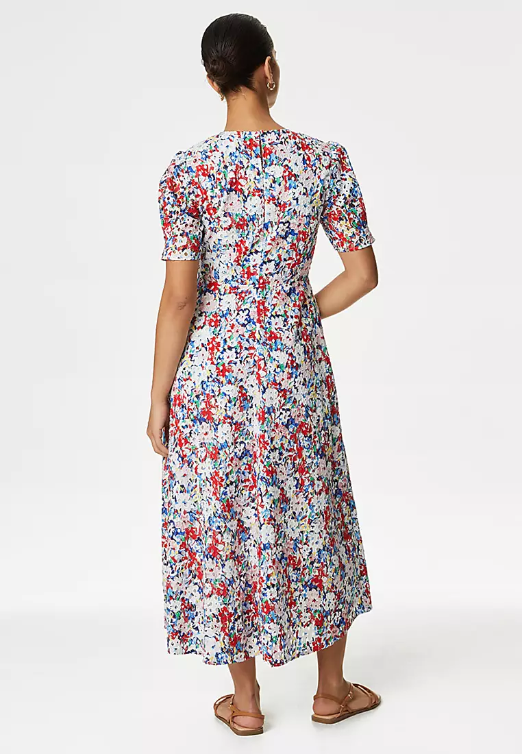 Pure Cotton Floral Cutwork Detail Midi Tea Dress
