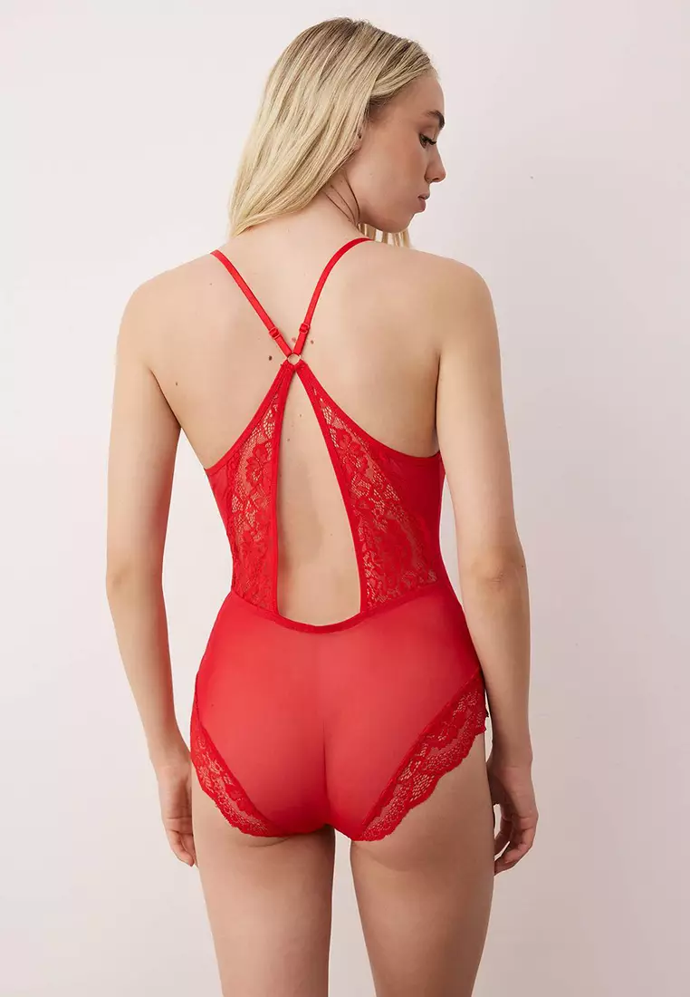 Red Tulle Lace Detailed Uncovered Knitted Bodysuit
