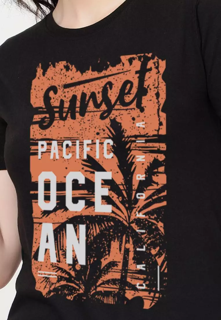 Sunset PrintClassic Relaxed Short Sleeve Stylish Black Cotton Casual Graphic Print Tee/TShirt