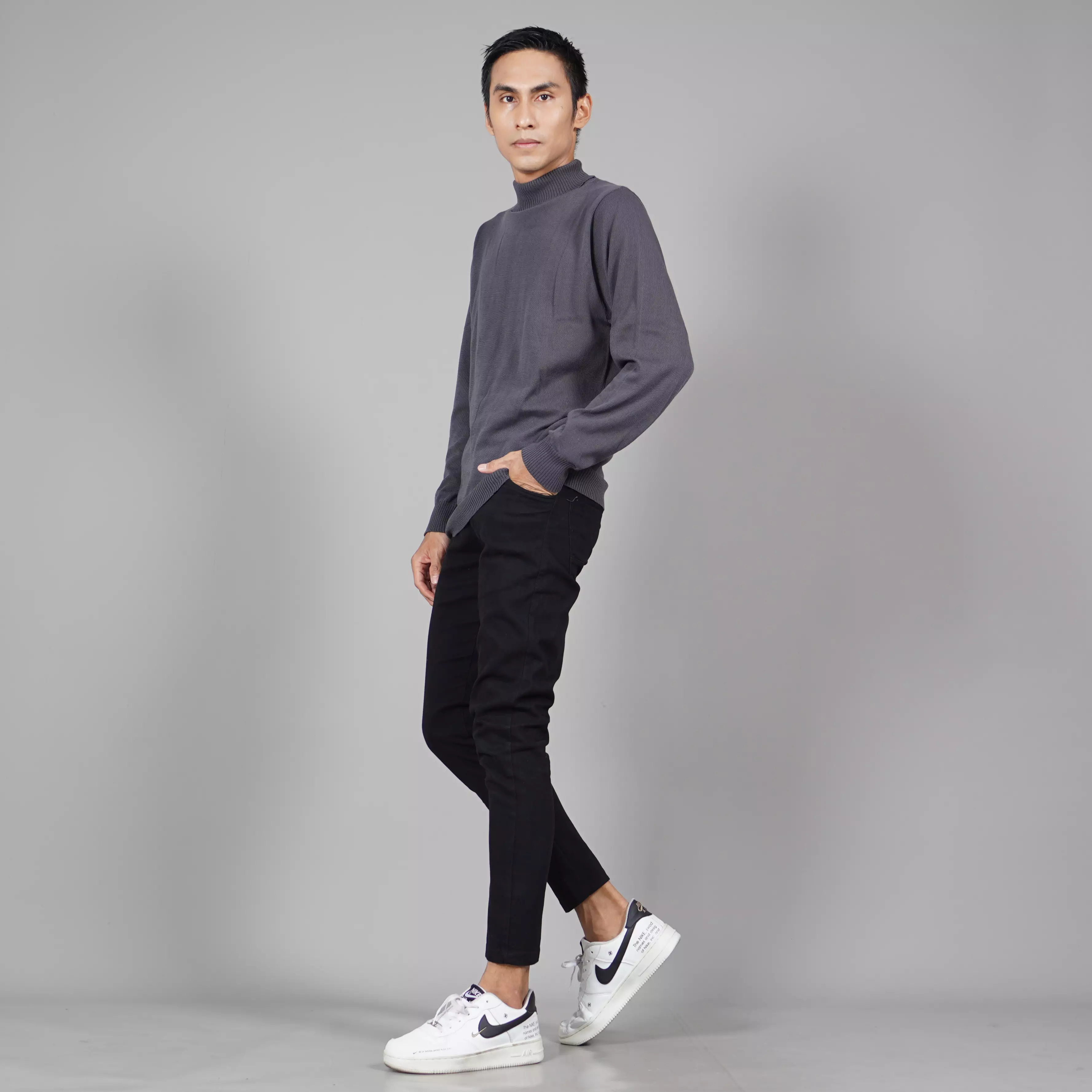  JEHOON Knit Outer Pria Knit Sweater Pria Turtle Neck Rajut Pria - ABU TUA