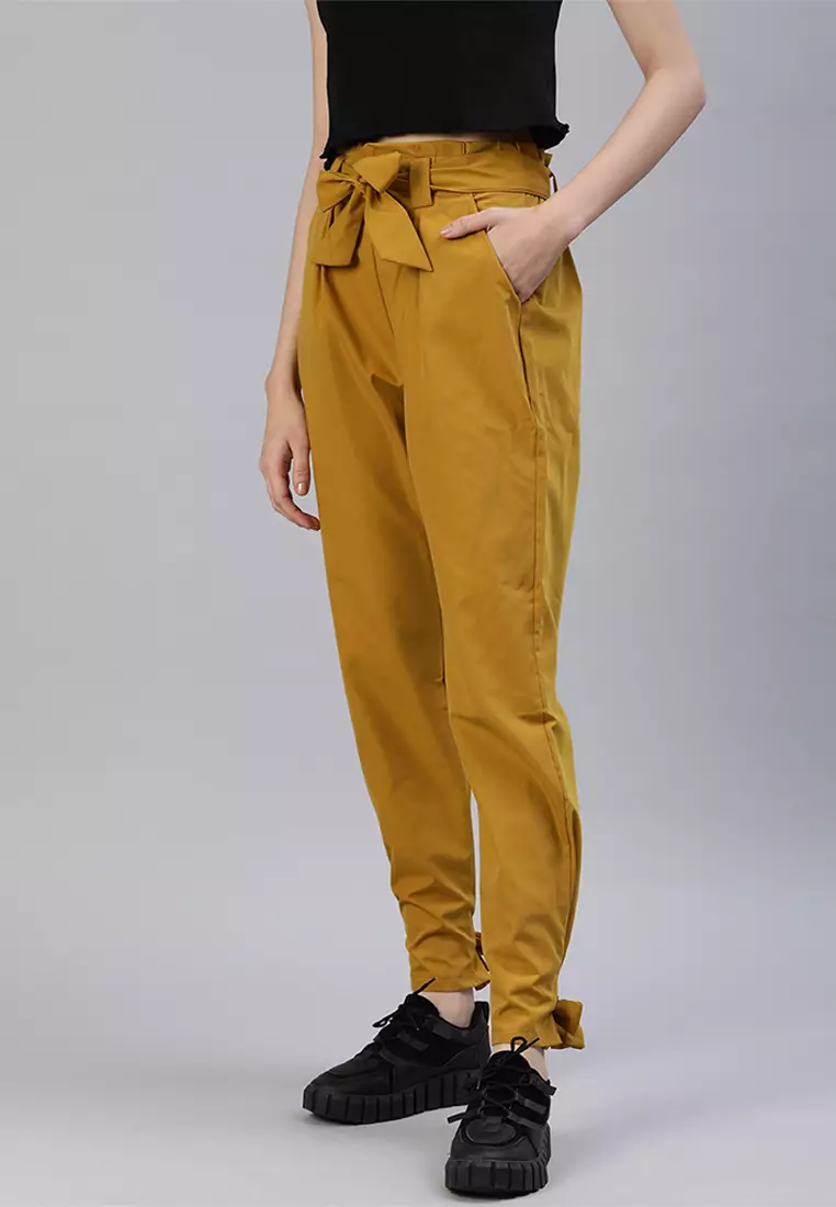 Yellow Waist Tie Pleated Trousers