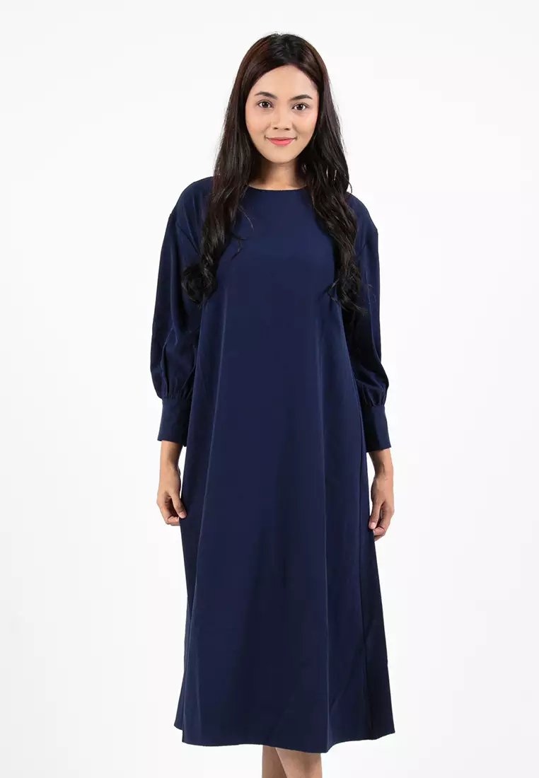 Forest x Hatta Dolmat Ladies Woven Plain Textured Cuffed Long Sleeve Midi Dress - 885069-33Navy