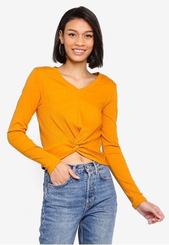 Joska Long Sleeve V-Neck Crop Top from Pieces in Yellow