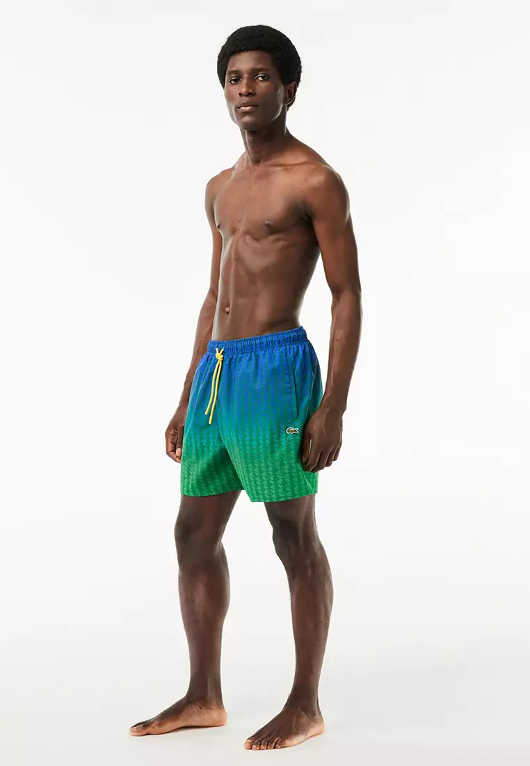 Lacoste Monogram Print Swim Trunks in Blue for Men