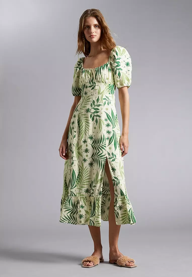 Puff Sleeves Linen Midi Dress