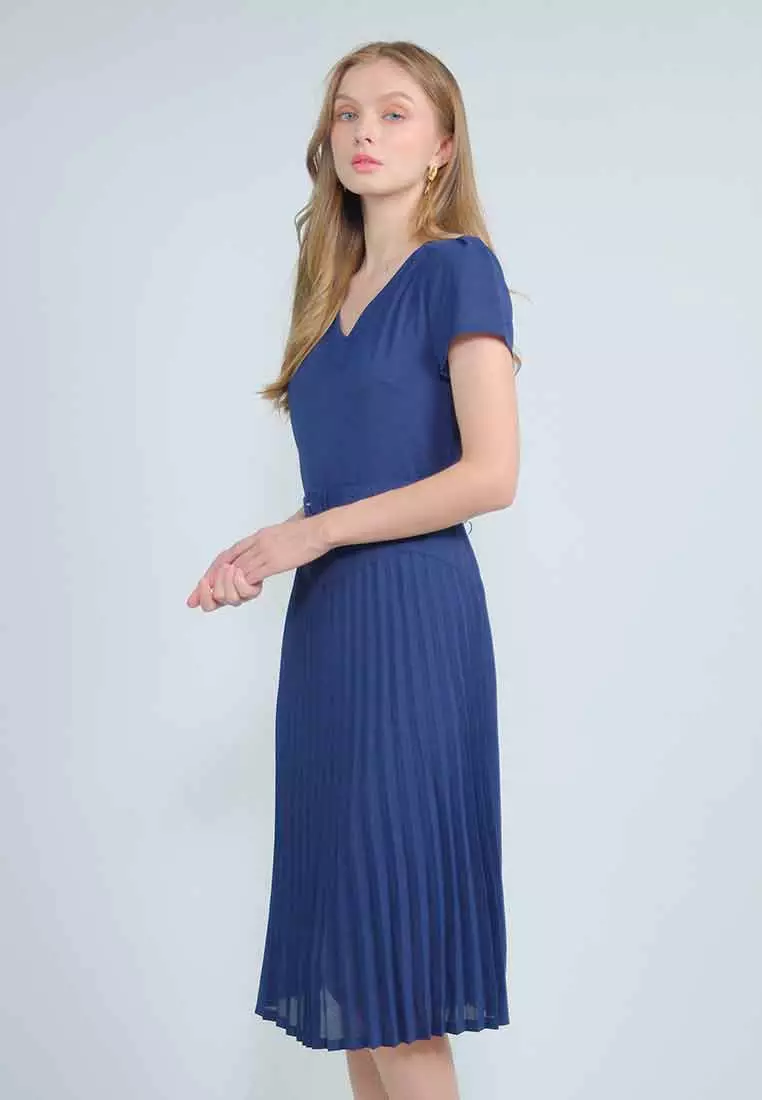 Amethyst V-neck Dress with Pleated Skirt and Adjustable Belt