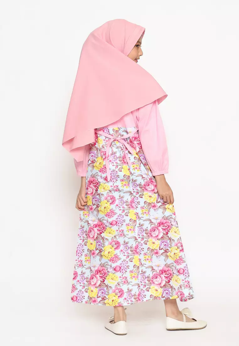 Baju Gamis Anak Perempuan Bunga 2 Pita Pink With Model - BLESS