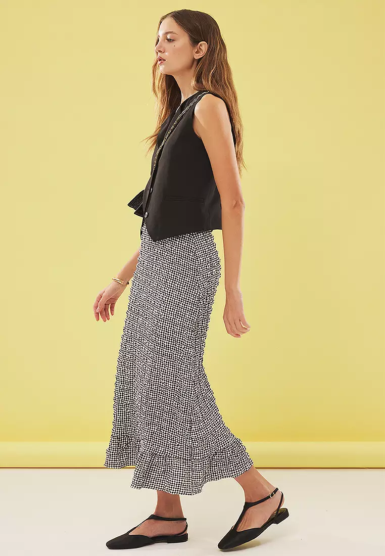 Black Seersucker Fabric Gingham Pattern Maxi Length Woven Skirt