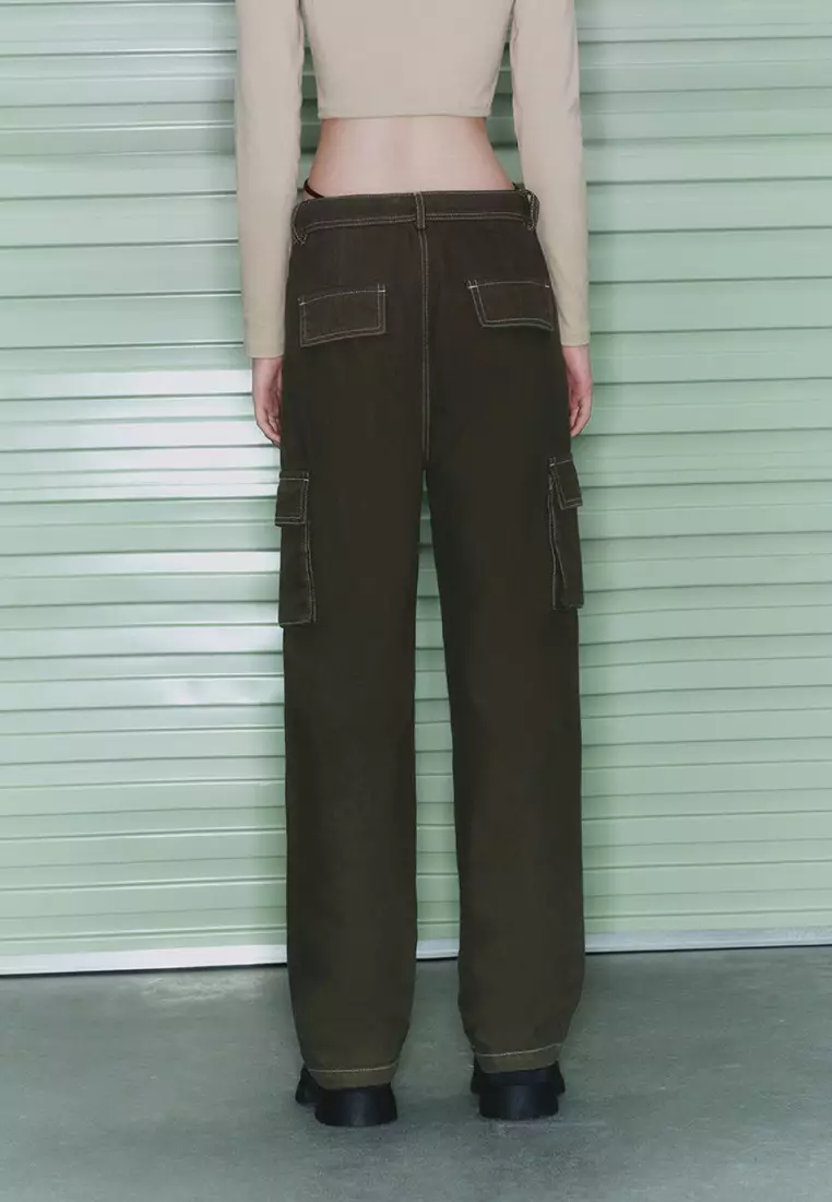 Winter   Workers Pocket  Army Green High -Waist Denim Trousers