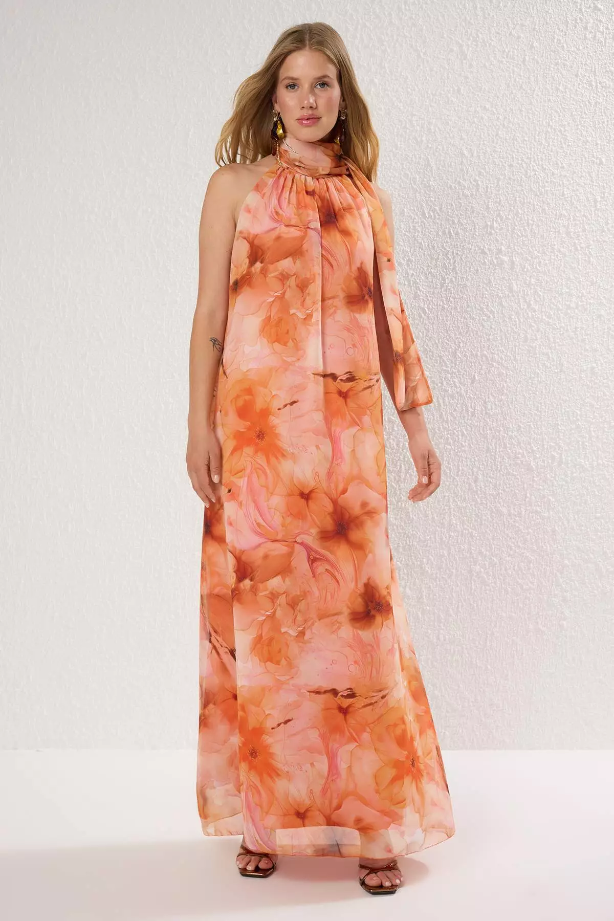 Orange Abstract Patterned Lined Chiffon Long Stylish Evening Dress