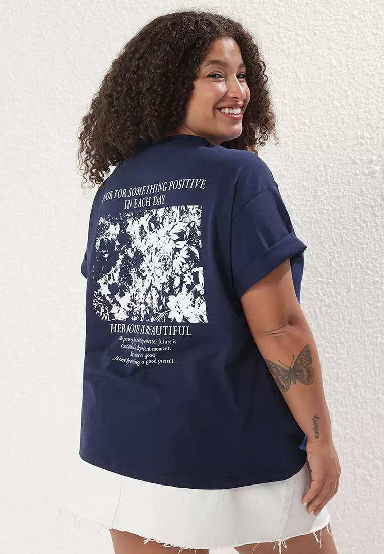 Navy Blue Oversize Fit 100% Cotton Front And Back Printed Knitted Plus Size T-Shirt Tbbss25Bf00002