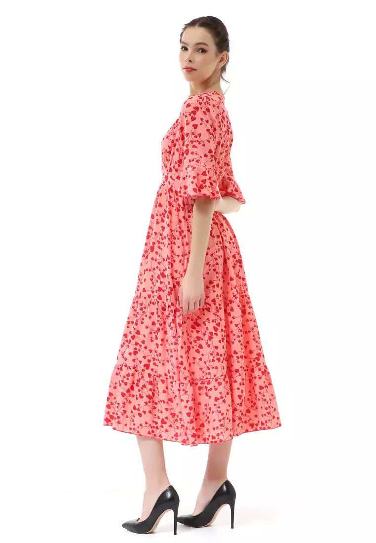 Rachel Midi Dress Wanita Vneck Lengan Pendek Desain Karet Material Polyester ORIGINAL - Pink