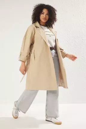 Beige Long Oversize Large Size Trench Coat Tbbss25Bm00001