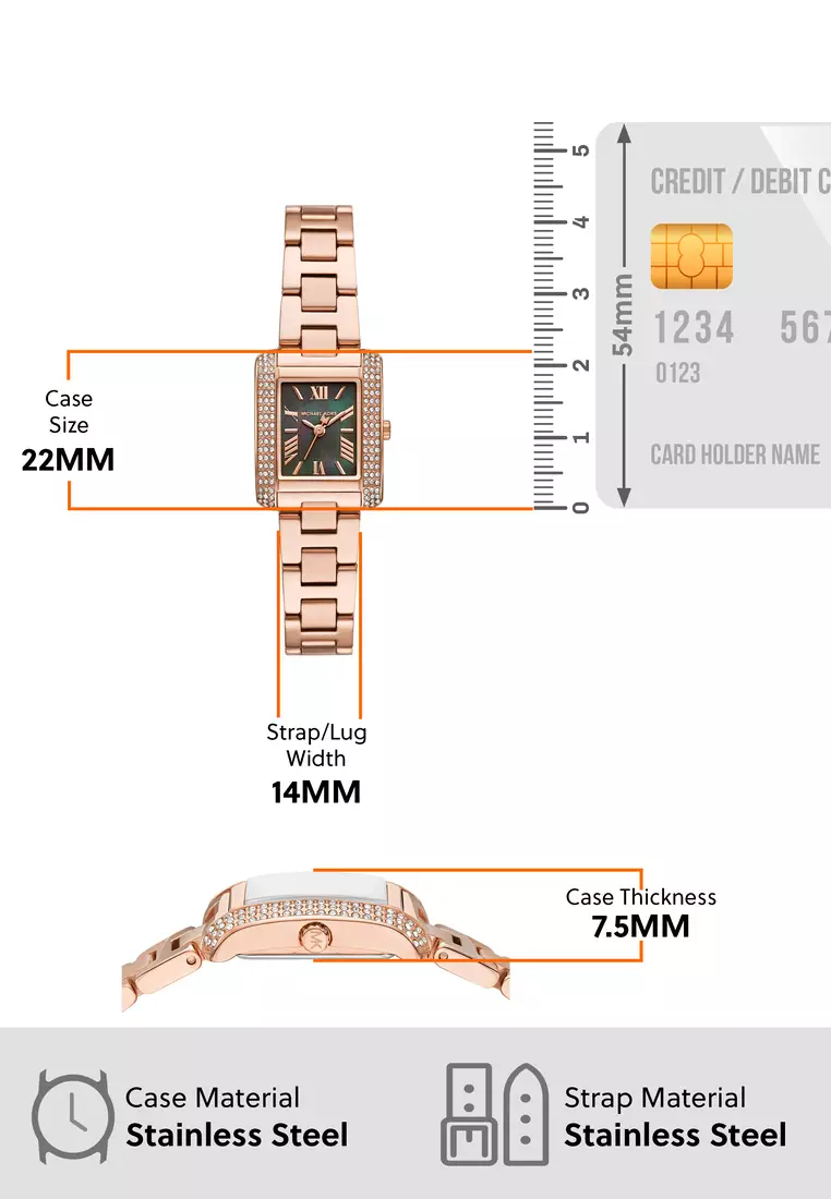 Michael Kors Women's Emery Analog Watch ( MK4868 ) - Quartz, Rose Gold Case, Retangle Dial, 14 MM Rose Gold Stainless Steel Band