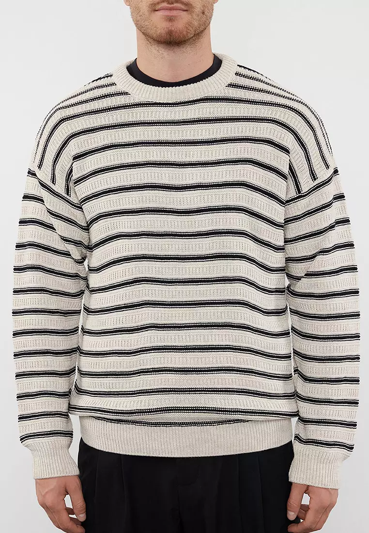 Beige Casual Unisex Crew Neck Striped Knitwear Sweater TMNAW25KZ00025