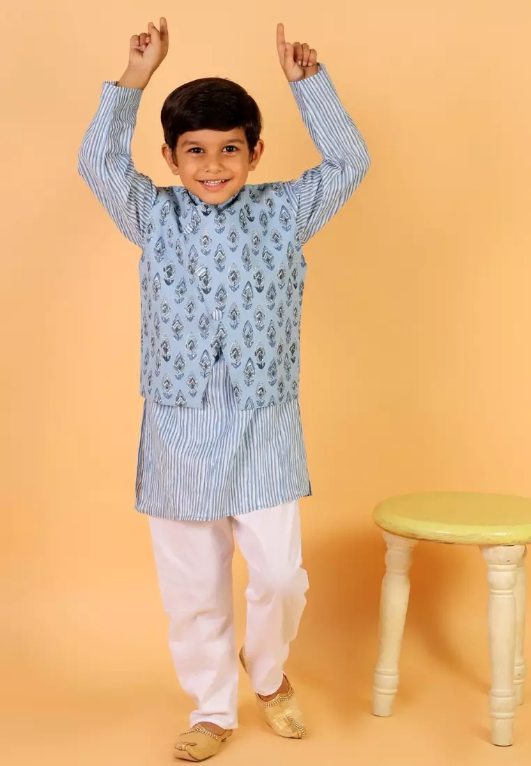 Aster Blue Block Print Jacket And Kurta Pajama Set
