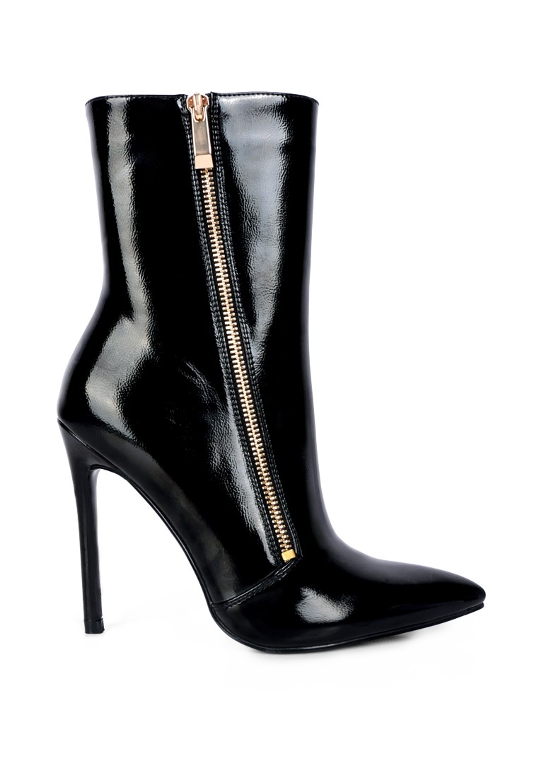 Black Patent PU High Heeled Ankle Boot