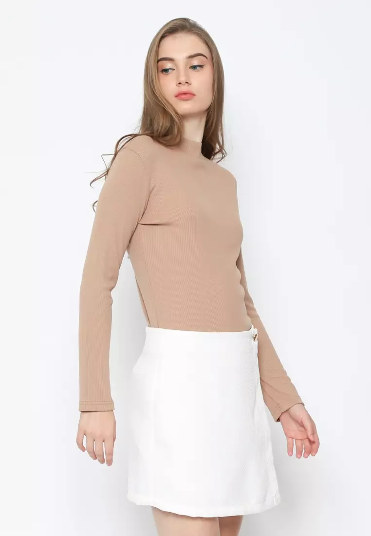 KHAKI RIB HIGH NECK T-SHIRT