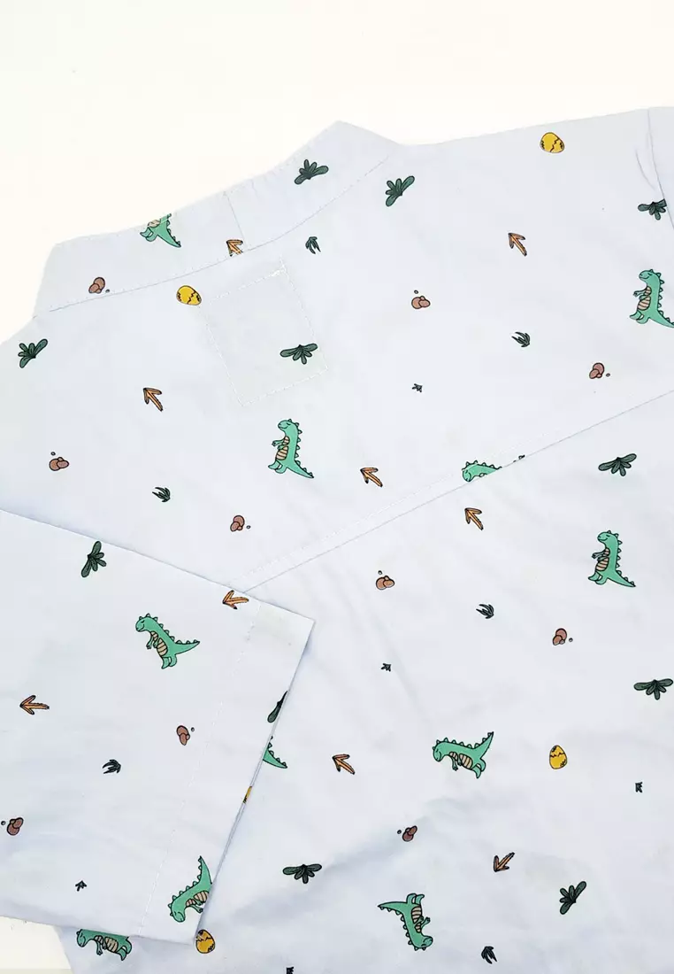 Wakakids Kemeja Anak Laki Laki Usia 6 Tahun Hingga 9 Tahun Atasan Baju Kerah Shanghai Mandarin Collar Shirt Pattern Dinosaurus 4331 Vensk