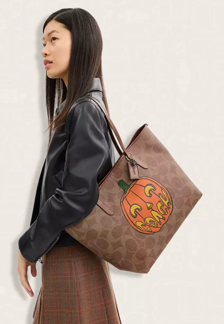 Coach City Tote Bag In Signature Canvas With Halloween Print Tan Multi