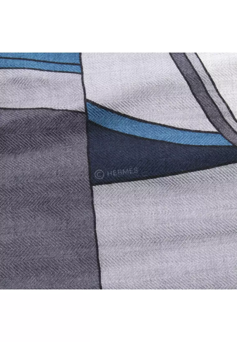 Pre-Loved Hermès rectangle Selle en Desordre Stall shawl cashmere silk gray blue multicolor