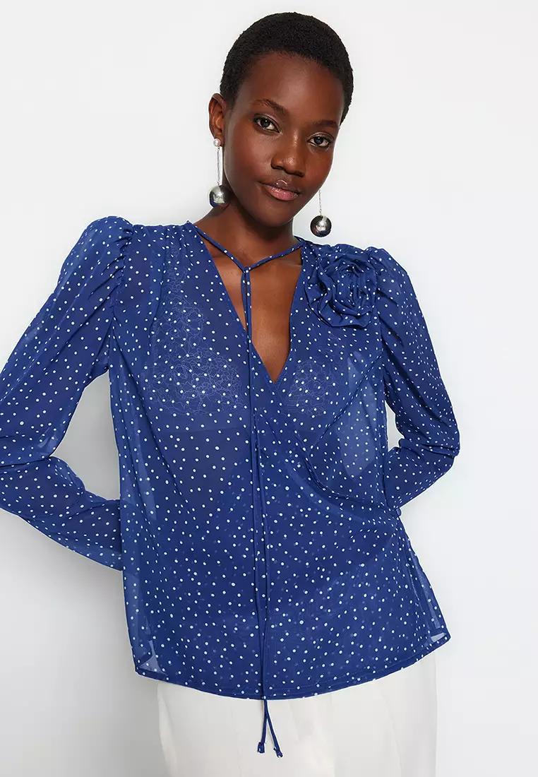 Navy blue and white polka store dot blouse