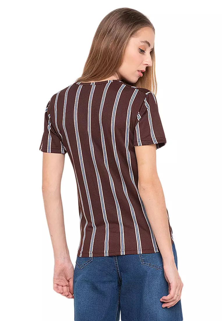 Caldwell Blouse Salur Short Sleeves Atasan Wanita Relaxed Fit - Coklat