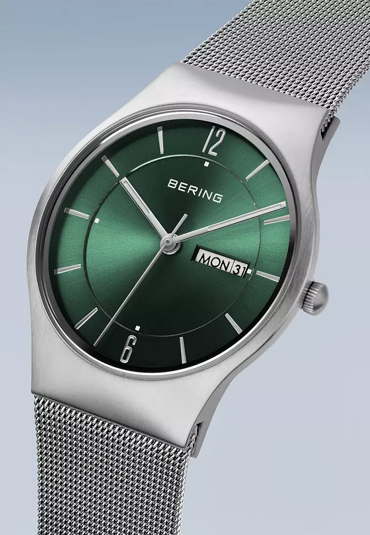 Men's Stainless Steel Mesh Bracelet and Green Dial Quartz Watch - 11938-008DD