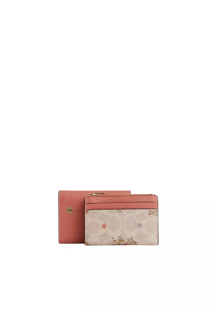 Coach Card Holder Wallet With Floral Print In Sand Multi Cap30