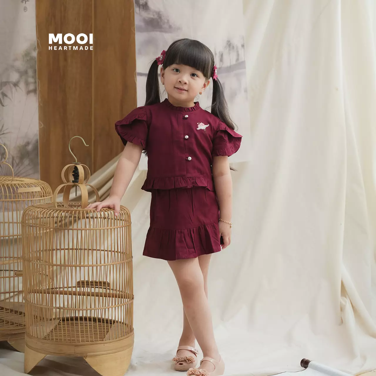 Mooi Setelan Anak Perempuan Fei Ruffle Set - Maroon