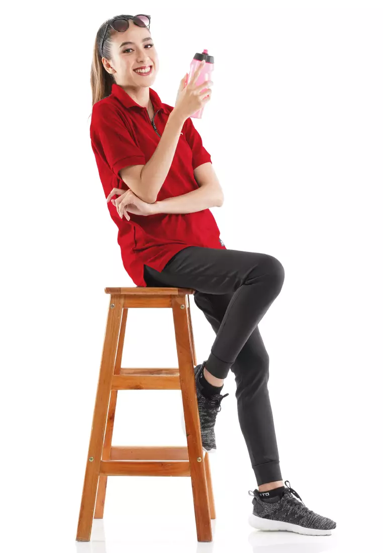 Tiento Women Polo Shirt True Basic HDC Red Baju Tenis Kaos Kerah Resleting Lengan Pendek Pakaian Wanita