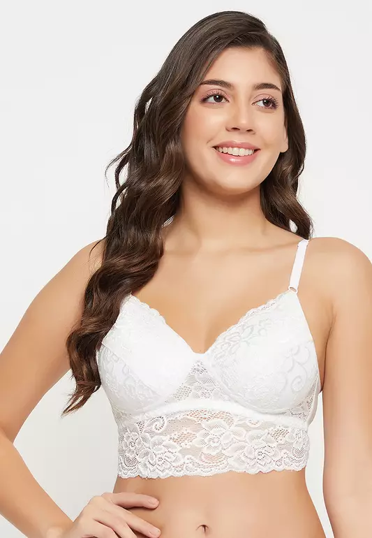 Clovia Padded Non-Wired Full Cup Longline Bralette in White - Lace