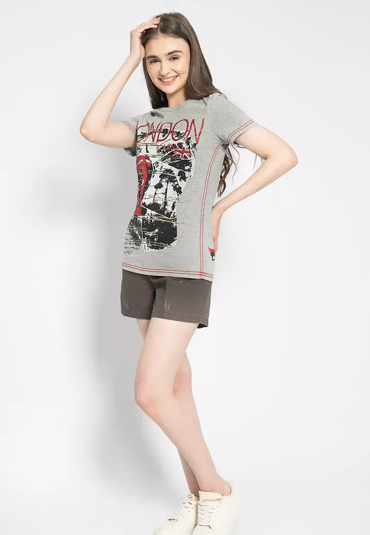 LGS - Kaos Casual Wanita - Lengan Pendek - Warna Abu Muda - Gambar Sablon - LTS.555.T880M.008.C