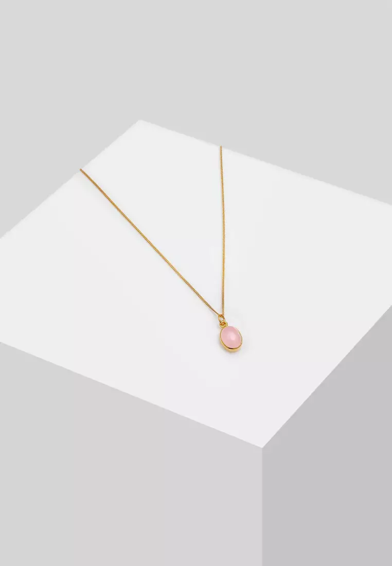Kalung Perhiasan Perak 925 Wanita Oval Minimalist Trend Basic Rose Quartz Gold Plated